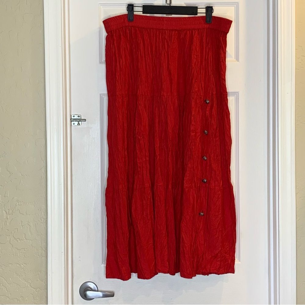 Crazy Cowgirl Red Tiered Maxi Skirt Concho Buttons Western Boho Flowy Rayon SZ M